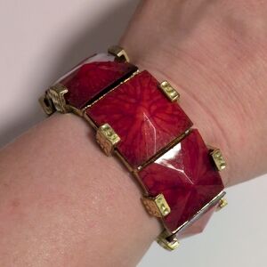Wide Red Resin Panel Stretch Bracelet | Gold Tone Artisan Statement‎ Bracelet